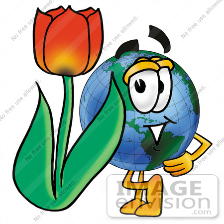 #24055 Clip Art Graphic of a World Globe Cartoon Character With a Red Tulip Flower in the Spring by toons4biz