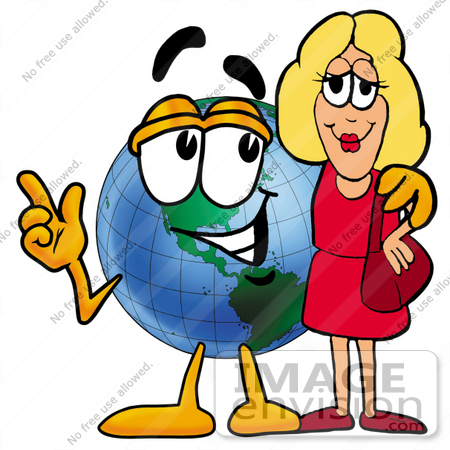 #24056 Clip Art Graphic of a World Globe Cartoon Character Talking to a Pretty Blond Woman by toons4biz