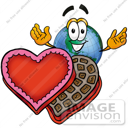 #24060 Clip Art Graphic of a World Globe Cartoon Character With an Open Box of Valentines Day Chocolate Candies by toons4biz