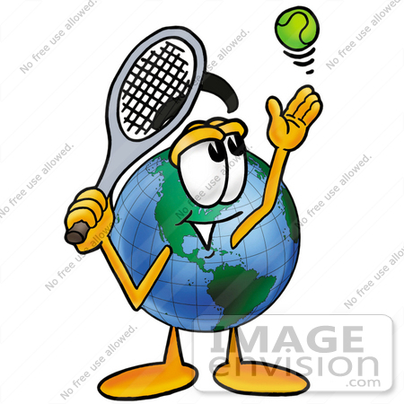 #24061 Clip Art Graphic of a World Globe Cartoon Character Preparing to Hit a Tennis Ball by toons4biz