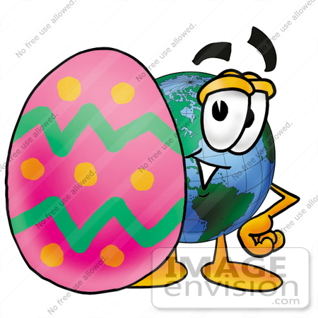 #24064 Clip Art Graphic of a World Globe Cartoon Character Standing Beside an Easter Egg by toons4biz