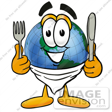 #24065 Clip Art Graphic of a World Globe Cartoon Character Holding a Knife and Fork by toons4biz