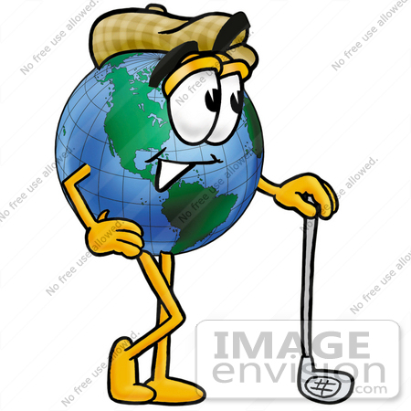 #24066 Clip Art Graphic of a World Globe Cartoon Character Leaning on a Golf Club While Golfing by toons4biz
