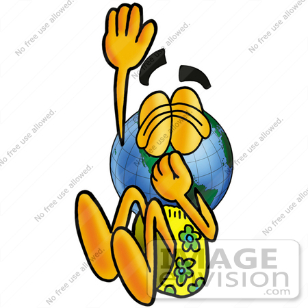 #24067 Clip Art Graphic of a World Globe Cartoon Character Plugging His Nose While Jumping Into Water by toons4biz