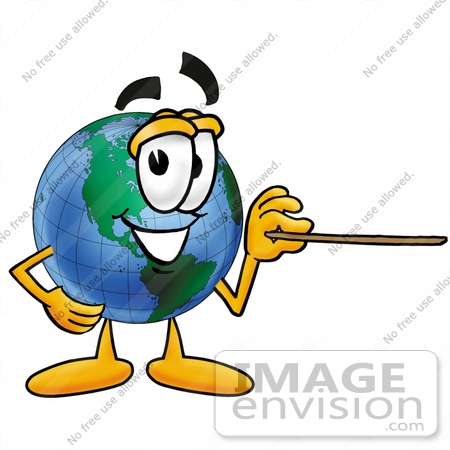 #24068 Clip Art Graphic of a World Globe Cartoon Character Holding a Pointer Stick by toons4biz