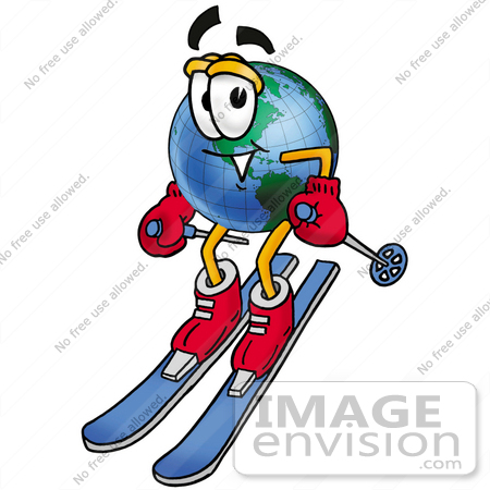 #24072 Clip Art Graphic of a World Globe Cartoon Character Skiing Downhill by toons4biz