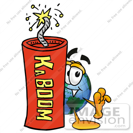 #24073 Clip Art Graphic of a World Globe Cartoon Character Standing With a Lit Stick of Dynamite by toons4biz