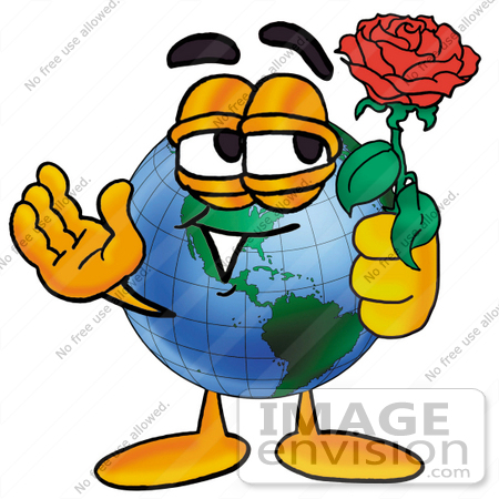 #24074 Clip Art Graphic of a World Globe Cartoon Character Holding a Red Rose on Valentines Day by toons4biz