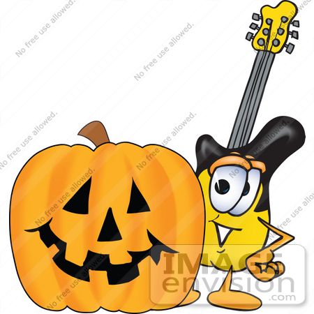 #24077 Clip Art Graphic of a Yellow Electric Guitar Cartoon Character With a Carved Halloween Pumpkin by toons4biz