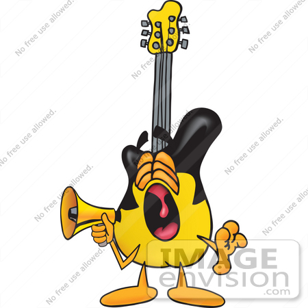 #24078 Clip Art Graphic of a Yellow Electric Guitar Cartoon Character Screaming Into a Megaphone by toons4biz