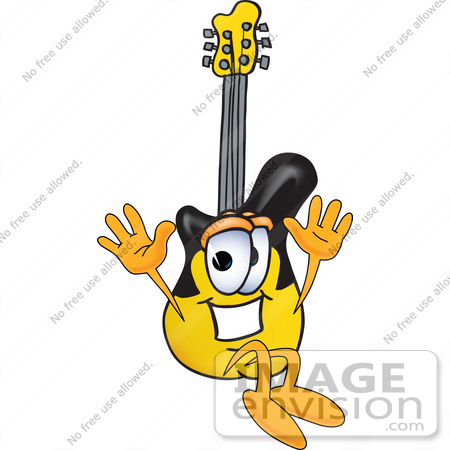 #24080 Clip Art Graphic of a Yellow Electric Guitar Cartoon Character Jumping by toons4biz
