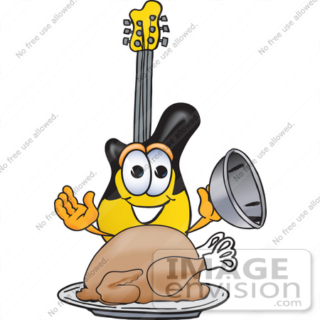 #24081 Clip Art Graphic of a Yellow Electric Guitar Cartoon Character Serving a Thanksgiving Turkey on a Platter by toons4biz