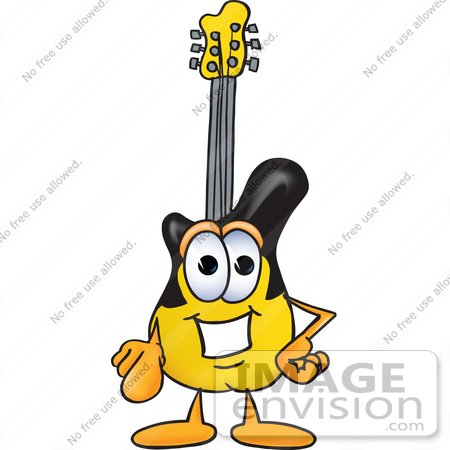 #24083 Clip Art Graphic of a Yellow Electric Guitar Cartoon Character Pointing at the Viewer by toons4biz
