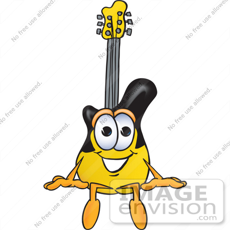 #24085 Clip Art Graphic of a Yellow Electric Guitar Cartoon Character Sitting by toons4biz