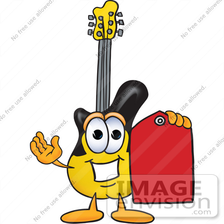 #24089 Clip Art Graphic of a Yellow Electric Guitar Cartoon Character Holding a Red Sales Price Tag by toons4biz