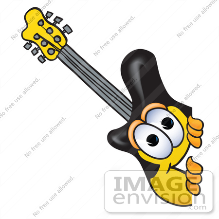 #24093 Clip Art Graphic of a Yellow Electric Guitar Cartoon Character Peeking Around a Corner by toons4biz