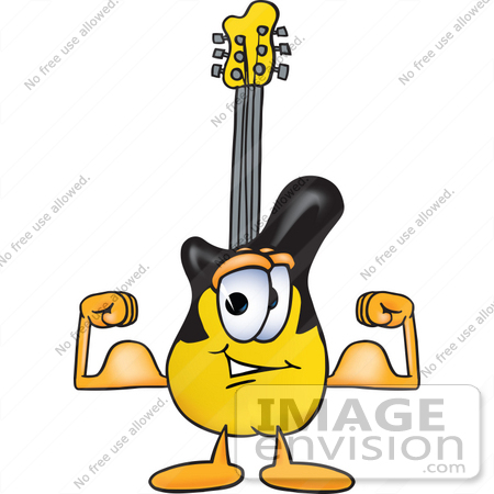 #24094 Clip Art Graphic of a Yellow Electric Guitar Cartoon Character Flexing His Arm Muscles by toons4biz