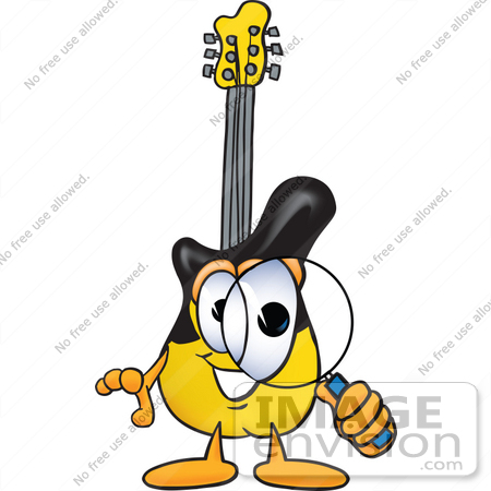 #24095 Clip Art Graphic of a Yellow Electric Guitar Cartoon Character Looking Through a Magnifying Glass by toons4biz