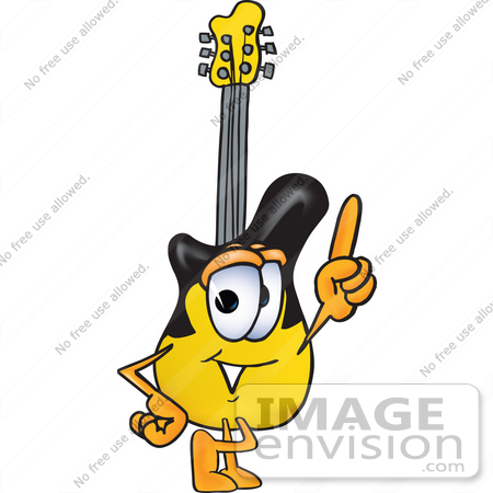 #24096 Clip Art Graphic of a Yellow Electric Guitar Cartoon Character Pointing Upwards by toons4biz