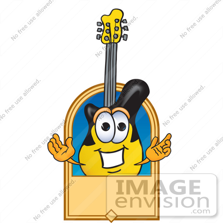 #24104 Clip Art Graphic of a Yellow Electric Guitar Cartoon Character Label by toons4biz