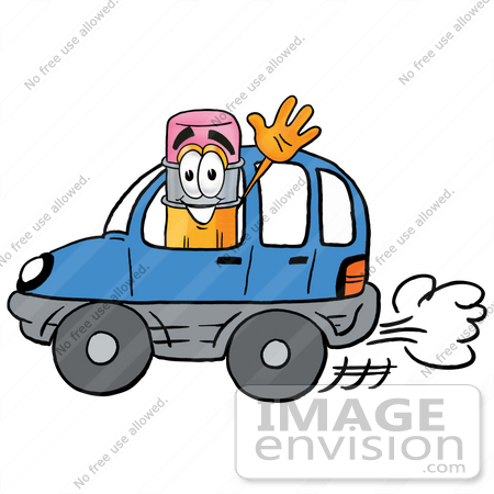 #24109 Clip Art Graphic of a Yellow Number 2 Pencil With an Eraser Cartoon Character Driving a Blue Car and Waving by toons4biz