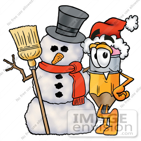 #24110 Clip Art Graphic of a Yellow Number 2 Pencil With an Eraser Cartoon Character With a Snowman on Christmas by toons4biz