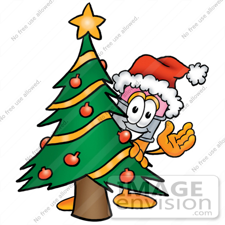 #24111 Clip Art Graphic of a Yellow Number 2 Pencil With an Eraser Cartoon Character Waving and Standing by a Decorated Christmas Tree by toons4biz