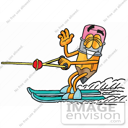#24112 Clip Art Graphic of a Yellow Number 2 Pencil With an Eraser Cartoon Character Waving While Water Skiing by toons4biz