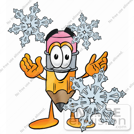 #24113 Clip Art Graphic of a Yellow Number 2 Pencil With an Eraser Cartoon Character With Three Snowflakes in Winter by toons4biz