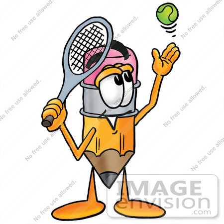 #24114 Clip Art Graphic of a Yellow Number 2 Pencil With an Eraser Cartoon Character Preparing to Hit a Tennis Ball by toons4biz