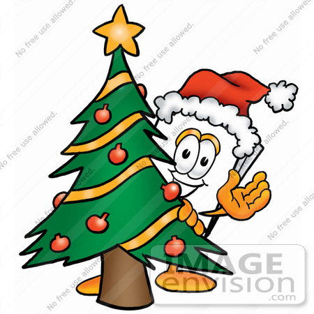 #24115 Clip Art Graphic of a White Copy and Printer Paper Cartoon Character Waving and Standing by a Decorated Christmas Tree by toons4biz