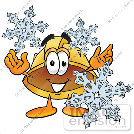 #24117 Clip Art Graphic of a Yellow Safety Hardhat Cartoon Character With Three Snowflakes in Winter by toons4biz