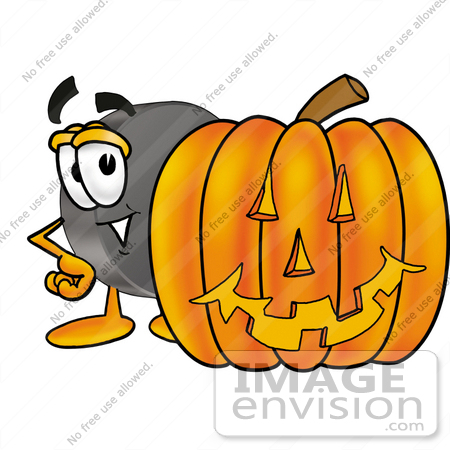 #24121 Clip Art Graphic of an Ice Hockey Puck Cartoon Character With a Carved Halloween Pumpkin by toons4biz