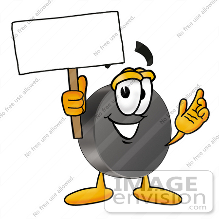 #24122 Clip Art Graphic of an Ice Hockey Puck Cartoon Character Holding a Blank Sign by toons4biz