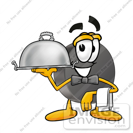 #24123 Clip Art Graphic of an Ice Hockey Puck Cartoon Character Dressed as a Waiter and Holding a Serving Platter by toons4biz