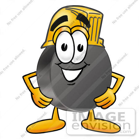 #24124 Clip Art Graphic of an Ice Hockey Puck Cartoon Character Wearing a Hardhat Helmet by toons4biz