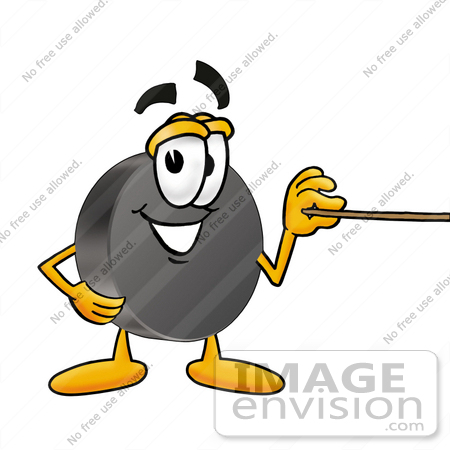 #24128 Clip Art Graphic of an Ice Hockey Puck Cartoon Character Holding a Pointer Stick by toons4biz