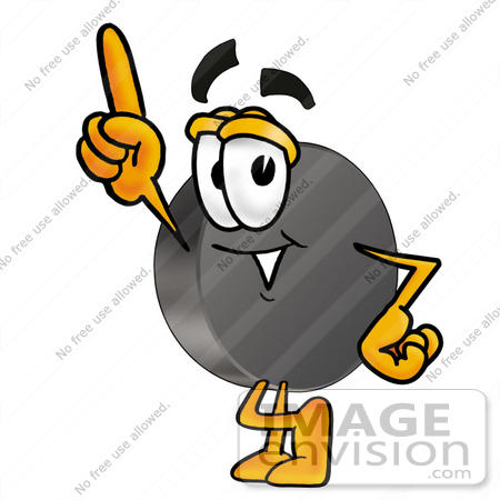 #24130 Clip Art Graphic of an Ice Hockey Puck Cartoon Character Pointing Upwards by toons4biz