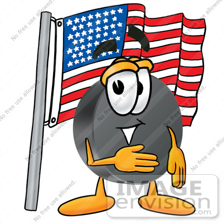 #24138 Clip Art Graphic of an Ice Hockey Puck Cartoon Character Pledging Allegiance to an American Flag by toons4biz