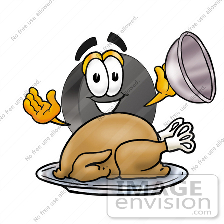 #24139 Clip Art Graphic of an Ice Hockey Puck Cartoon Character Serving a Thanksgiving Turkey on a Platter by toons4biz