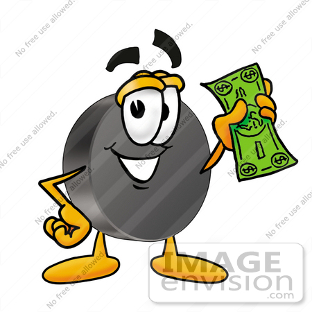 #24142 Clip Art Graphic of an Ice Hockey Puck Cartoon Character Holding a Dollar Bill by toons4biz