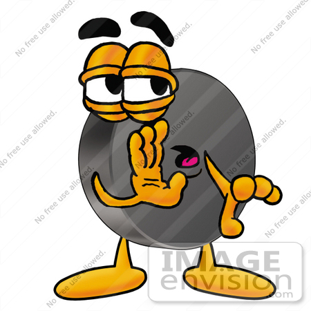 #24144 Clip Art Graphic of an Ice Hockey Puck Cartoon Character Whispering and Gossiping by toons4biz