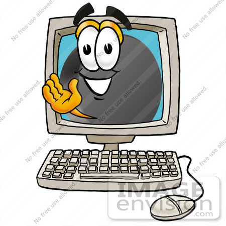 #24146 Clip Art Graphic of an Ice Hockey Puck Cartoon Character Waving From Inside a Computer Screen by toons4biz