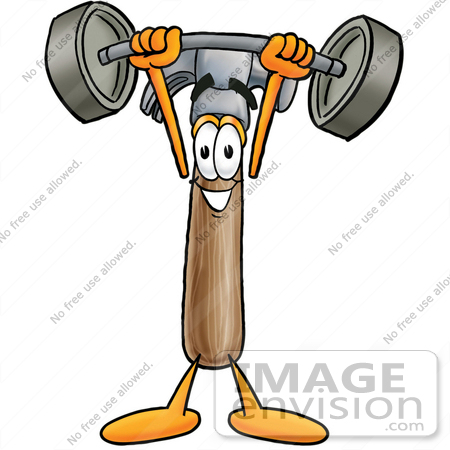 #24149 Clip Art Graphic of a Hammer Tool Cartoon Character Holding a Heavy Barbell Above His Head by toons4biz