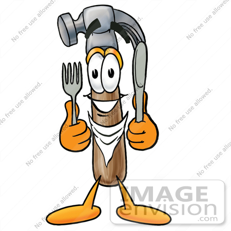 #24151 Clip Art Graphic of a Hammer Tool Cartoon Character Holding a Knife and Fork by toons4biz