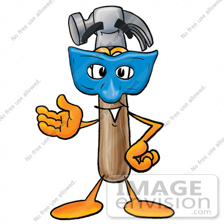 #24152 Clip Art Graphic of a Hammer Tool Cartoon Character Wearing a Blue Mask Over His Face by toons4biz