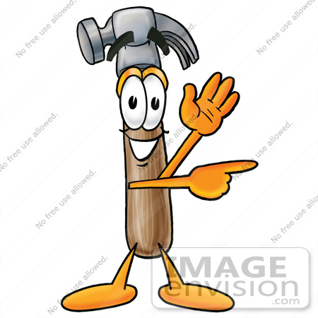 #24155 Clip Art Graphic of a Hammer Tool Cartoon Character Waving and Pointing by toons4biz