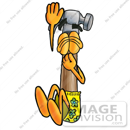 #24158 Clip Art Graphic of a Hammer Tool Cartoon Character Plugging His Nose While Jumping Into Water by toons4biz