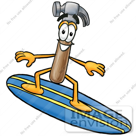 #24162 Clip Art Graphic of a Hammer Tool Cartoon Character Surfing on a Blue and Yellow Surfboard by toons4biz