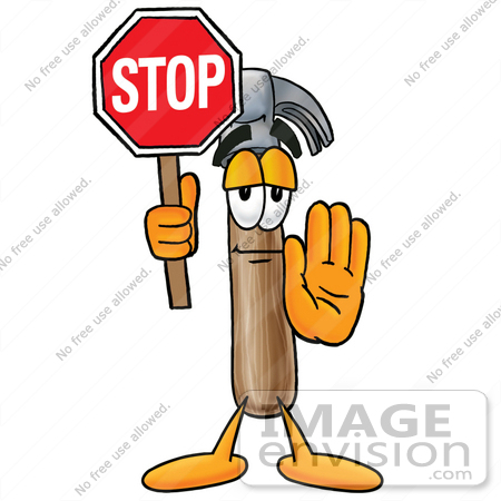 #24163 Clip Art Graphic of a Hammer Tool Cartoon Character Holding a Stop Sign by toons4biz